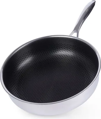 A close-up, angled view of a single stainless steel frying pan with a honeycomb pattern on its interior surface, set against a white background.