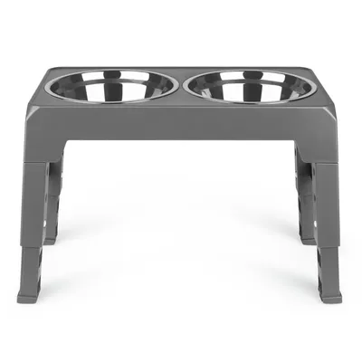 Produktbild von Hundenapf Futternapf für Hunde,mit 2 Edelstahl-Schüssel für mittelgroße und große Hunde 44x24x8cm Grau