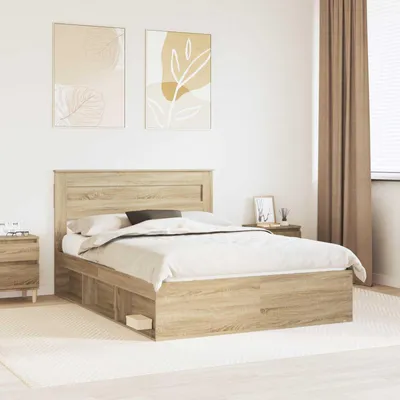 Image de Lit simple - Structure de lit en bois massif de pin, finition chêne Sonoma, dimensions 150 x 200 cm