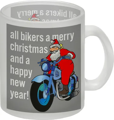Produktbild von Weihnachten Biker Glas Tasse mit Weihnachtsmann auf Motorrad in grau