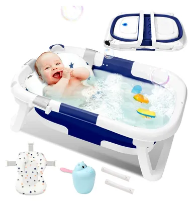 Produktbild von Faltbare Babybadewanne mit Thermometer und Badekissen, rutschfest und tragbar für Neugeborene von 0-36 Monaten, platzsparend, Blau