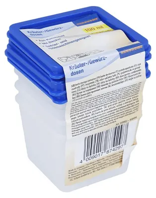 Produktbild von 4er Kräuterdosen je 100 ml EUROHOME® – aus Kunststoff, 6x6x9cm – schöne EUROHOME® Gewürzkräuter-Set, das in keiner Küche fehlen darf