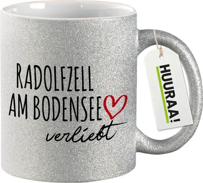 Produktbild von Huuraa Glitzertasse Radolfzell am Bodensee verliebt 330ml Silber Keramik Kaffeebecher Geschenkidee