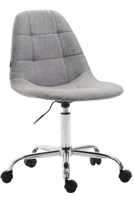 A gray fabric office chair with a chrome base and wheels, shown on a white background.