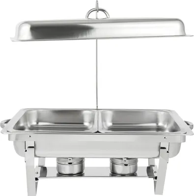 Image de Chauffe-plat Chafing Dish - GN 2/3 - 2 compartiments - Acier inoxydable - Avec couvercle - Rectangulaire - Argent