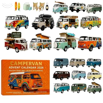 Produktbild von Camper Adventskalender, 24 Tage Weihnachtskalender mit Acryl Anhängern im Wohnmobil Design, Retro Van Deko und Geschenkidee