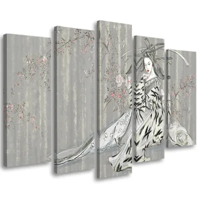 Produktbild von 5-teiliges leinwandbild traditionelle japanische geisha 150x100 cm Feeby grau wandbild bereit zum aufhängen