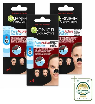 Produktbild von 3 x Garnier Pure Active Anti-Mitesser-Strips - Aktivkohle - Nase, Stirn & Kinn - Vorratspackung - 3 Stücke