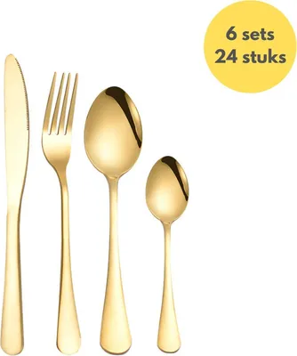 A set of gold-colored cutlery, including a knife, fork, and two spoons, arranged on a white background. A yellow circle with text is in the upper right corner.