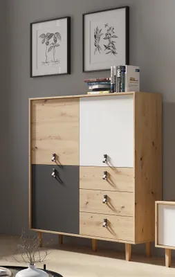 Produktbild von byLIVING Hochschrank Bill, Breite 120 cm, Höhe 135 cm, Kommode mit massiven Eichefüßen,in Eiche-Optik, Front weiß und anthrazit