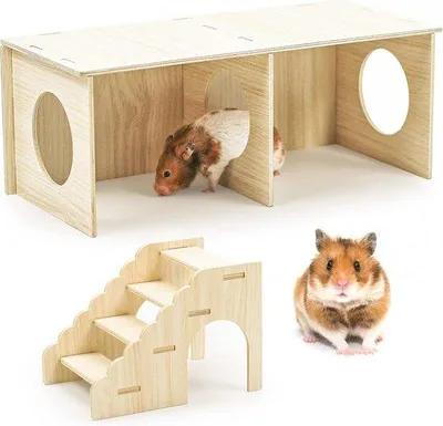 Produktbild von Holzhamsterhaus, Holzversteck mit Leiter, Selbstbauspielzeug, Käfig, Dekoration, Accessoires für Degus, Dachshundhamster, Goldhamster und Gerbils