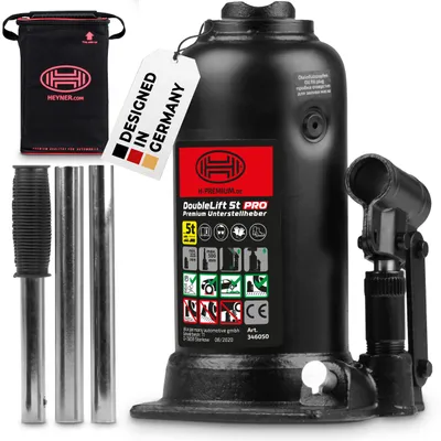 Produktbild von HEYNER® Hydraulischer Unterstellheber 2-stufig I DoubleLift 5t PRO I Stempelwagenheber aus Stahl I Hubhöhe 225–500 mm I Autoheber für SUV Transporter Wohnmobil I inkl. Tasche & Gummigriff