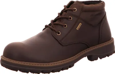 A single brown leather boot is shown against a white background.