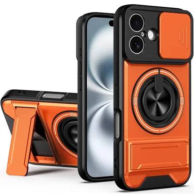 Obrázek produktu pro Magnetické pouzdro pro iPhone 16 Ochranné pouzdro s posuvným krytem fotoaparátu a kroužkovým stojánkem Oranžová