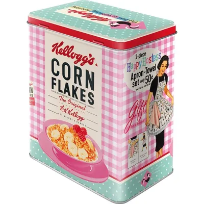 A retro-style tin featuring Kellogg's Corn Flakes with a depiction of a "Happy Hostess" and promotional text.
