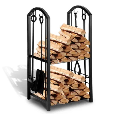 Obrázok produktu pre Clanmacy stojan na palivové drevo 40 x 30 x 74 cm stojan na palivové drevo kovový stojan na palivové drevo dvojposchodový s náradím