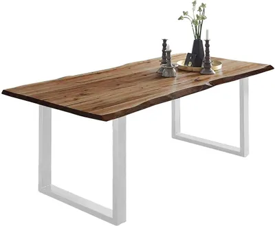 Produktbild von Baumkantentisch 160x85 cm Mephisto, Akazienholz massiv + naturfarben lackiert, Esstisch mit weiß lackiertem U-Gestell, Esszimmertisch/Holztisch, Tischplatte 26 mm