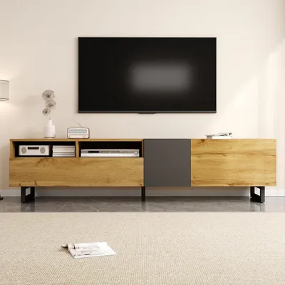 Obrázok produktu pre TV komoda s 3 dvierkami a 2 zásuvkami, rozmer 170x36,5x42 cm, farba: čierna/prírodná