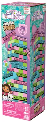 The image shows the retail packaging of a Jumbling Tower game based on Gabby's Dollhouse.