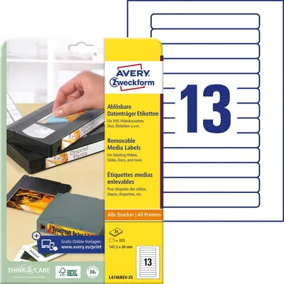 Produktbild von Avery Zweckform L4746REV-25 Etiketten für Speichermedien, 147,3 x 20 mm, 25 Blatt/325 Etiketten, weiß
