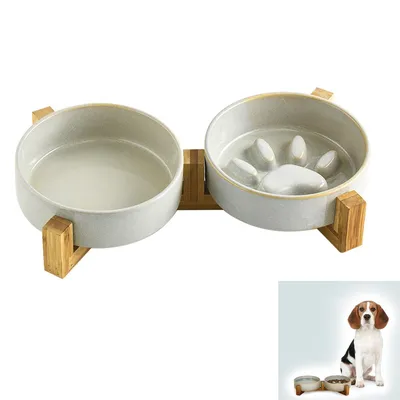 Produktbild von Keramik-Napfset für Haustiere, 2er Set mit Bambus-Ständer, Rutschfest & leicht zu reinigen – geeignet für Hunde und Katzen