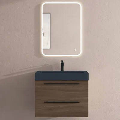 Image de doporro Meuble de Salle de Bains Chêne Ensemble de 3 Pièces Meuble Suspendu avec Lavabo 73 cm et Miroir LED Design Quadratto