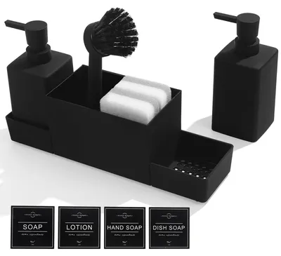 Produktbild von Omgoods – Seifenspender-Set – 4-in-1 Spülmittelspender – Küchenorganizer – Schwarze Seifenspender – Schwamm und Bürste – Platzsparendes Design – Küchenorganizer
