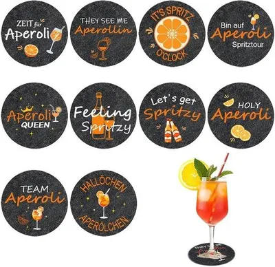 Produktbild von 10 Stück Aperol Untersetzer, Cocktail Tischdeko, Wein Accessoires, lustige Sprüche