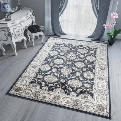 Produktbild von Teppich Wohnzimmer Schlafzimmer Kurzflor Design Klassisch Anthrazit Creme Blau  300 x 400 cm