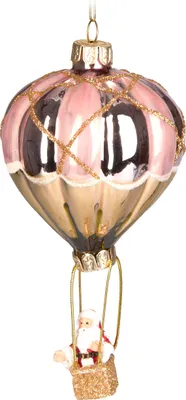 Produktbild von BRUBAKER Weihnachtsmann im Heißluftballon Rosa Gold - Handbemalte Weihnachtskugel aus Glas - Christbaumschmuck Figuren Lustige Baumkugel - 14 cm