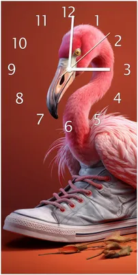 Produktbild von Wallario Design Wanduhr bedruckt, Größe 30 x 60 cm, Motiv: Flamingo im Sneaker