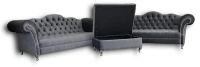 Immagine prodotto di Set divano Chesterfield di design 4+3 con pouf, rivestimento in tessuto