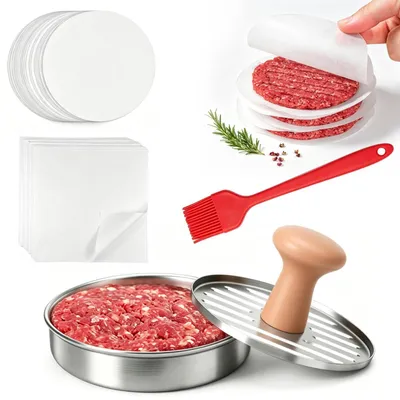 Image de Solidchoice - Presse à hamburgers en acier inoxydable 304, avec papier sulfurisé et brosse de nettoyage