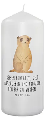 Produktbild von Mr. & Mrs. Panda Kerze Erdmännchen 19 x 8 cm - Weiß - Geschenk, Traveling, Wachskerze, Afrika, Roadtrip, Zylinderkerze, Blockkerze, Reisen, Stumpenkerze, Bedruckte
