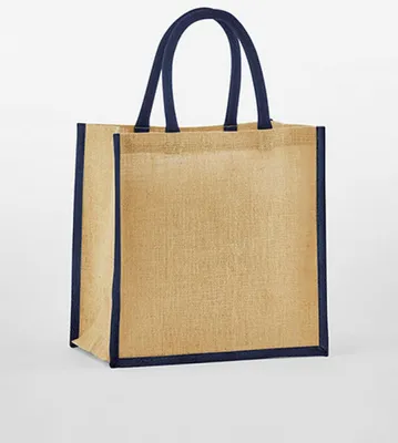 Image de Westford Mill W477 | Natural Starched Jute Mini Gift Bag Sac à provisions - Couleur : Natural/Navy - Taille : 26 x 22 x 14 cm
