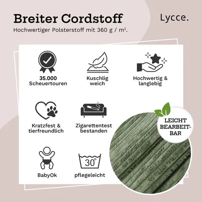 Produktbild von Lycce Cordstoff Meterware | 35.000 Scheuertouren | Tierfreundlich & kratzresistent | 1 lfm x 1,40 m breiter Polsterstoff für Möbel, Kissenbezüge und andere DIY Projekte | 360 g / m² | versch. Farben, Farbe:salbei