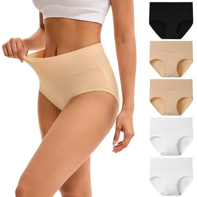 Productafbeelding van Dames Ondergoed Hoog Taille Katoen Set van 5 Zwart/Wit/Kamel
