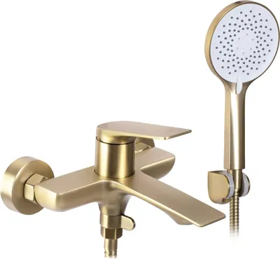 A bathroom faucet and showerhead set against a white background.