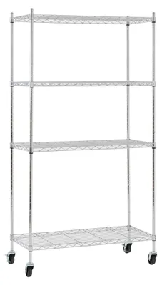 Produktbild von Gitterregal HADES mit Rollen & 4 Gitterböden | HxBxT 160x90x40cm | Fachlast 75kg | Metall | Silber Chrom | Metallregal Drahtregal Schmal Küchenregal Aufbewahrungsregal