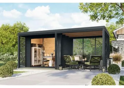 Produktbild von Gartenhaus Karibu Kaspi B Blech anthrazit inkl. Fußboden, Terrasse, Unterkonstruktion, Vordach, Anbaudach 539,5 x 276 cm
