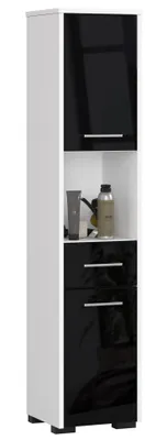 Produktbild von Freistehender Badezimmerschrank: eine Schublade, zwei Türen, fünf Einlegeböden, Farbe: Weiß | glänzend schwarz, Möbelmaße: B: 30 cm, H: 140 cm, T: 30 cm