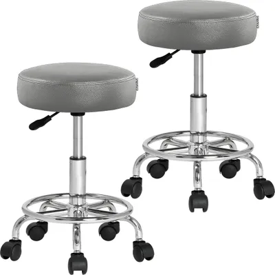 Image de Tabouret à roulettes set de 2 réglable en hauteur 51-65 cm rembourrage 10 cm pivotable 360 °C repose-pieds tabouret de bureau gris