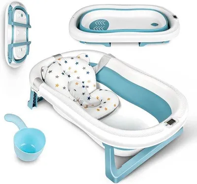 Zdjęcie produktu dla Ergonomiczna wanienka dla niemowląt ze składanym stojakiem – składana wanienka antypoślizgowa dla noworodków – niebieski kubek na szampon