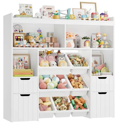 Image de Étagère pour enfants sur roulettes - Étagère à livres et à jouets - Structure en bois - Avec bacs de rangement - Pour la chambre d'enfant et la chambre à coucher - Blanche
