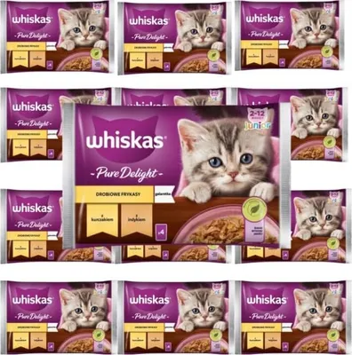 Produktbild von Whiskas Junior Pure Delight Geflügel Ragout in Gelee Katzennassfutter Huhn und Truthahn, 52 Portionsbeutel, 13x4x85g