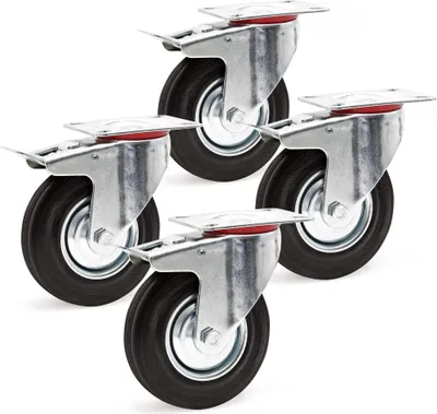 Produktbild von Wiltec Doppelstopp-Lenkrollen Set 4x Vollgummirad Transportrolle 125mm bis 100kg pro Rad mit Feststellbremse und Anbauplatte, leiser Lauf, Transportrollen Möbelrollen