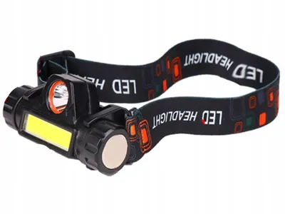 A black LED headlamp with a black strap is shown against a white background.