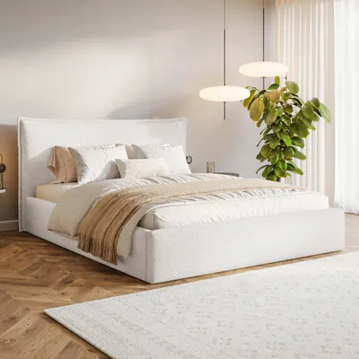 Produktbild von MOTIVENA Leno Polsterbett 180x200 mit Bettkasten, Holz Lattenrost, Bett 180x200 Weiß Boucle (Catch Me 01)
