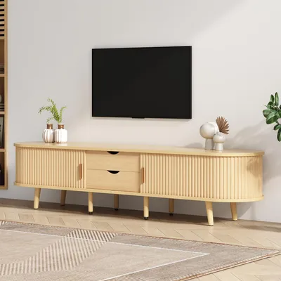 Zdjęcie produktu dla Fortuna Lai Szafka pod telewizor do salonu z miejscem do przechowywania + okrągły blat MDF z fakturą drewna 2 szuflady, nośność 30 kg Wymiary 175 x 40 x 42 cm