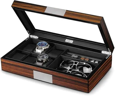 Produktbild von Silecomplaza Uhren-Schmuckschatulle für Herren, 6 Fächer, Uhrenbox, 6 Uhrengehäuse, 8 Paar Manschettenknöpfe und Sonnenbrillen, Holz, große Uhren-Vitrine, Organizer mit Echtglasfenster